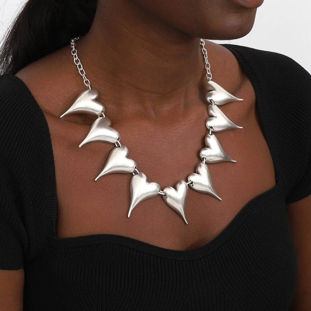 Gothic/Fantasy Abstract Hearts Pendant Bib Necklace featuring 9 stunning hearts